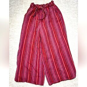 American Eagle Wide Leg Cropped Capris Pants Red Striped Boho Pockets Ties